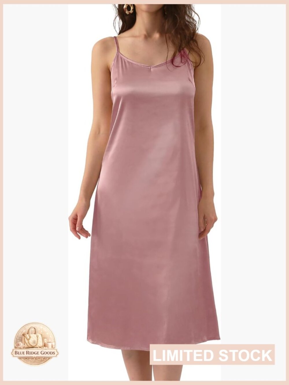 Silky Satin Full Slip Midi Loose Dress V-Neck Cami Adjustable Strap Nightgown